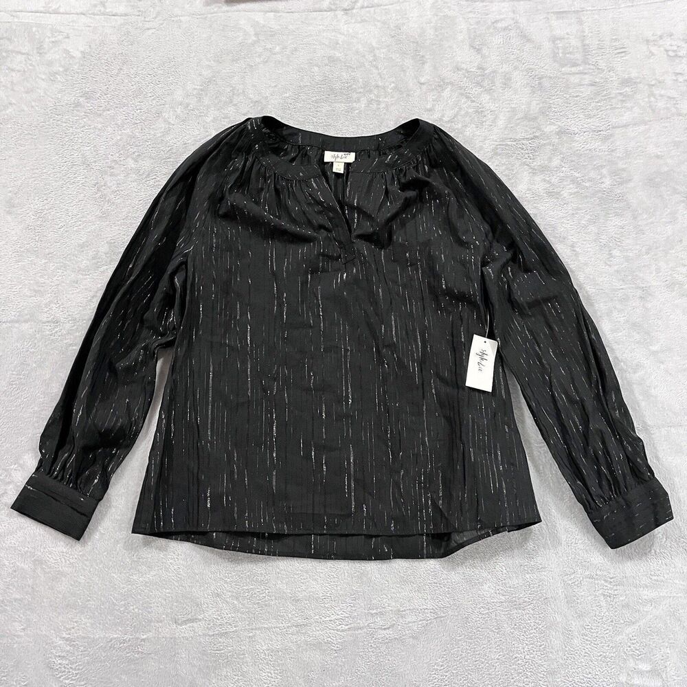 Style Co Blouse L Black V-Neck Long Sleeve Pullover NWT Top Preppy Shimmery